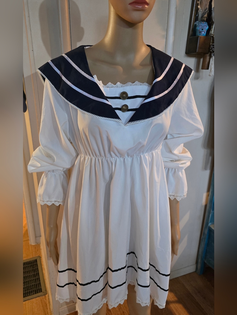 Sailor Collar White Dress with Navy Trim